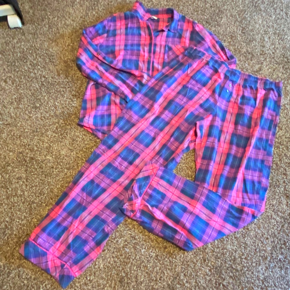 Victoria's Secret Pajama Set Plaid Lurex Sleepwear Women Large L Long Pink Blue